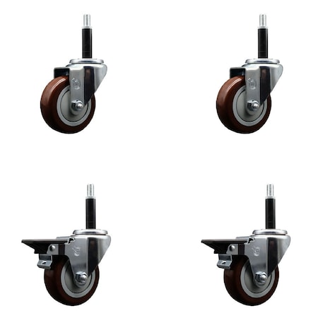 Service Caster 3.5'' Maroon Poly Wheel Swivel 3/4'' Expanding Stem Caster Set 2 Brakes, 4PK SCC-EX20S3514-PPUB-MRN-2-PLB-2-34